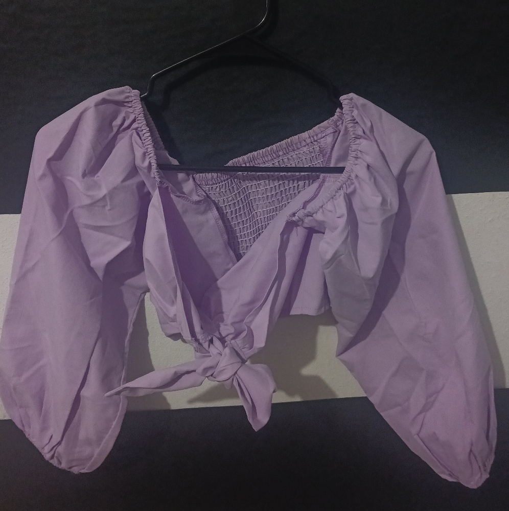Women Lila purple puff sleeves bow blouse top - Picture 4 of 12